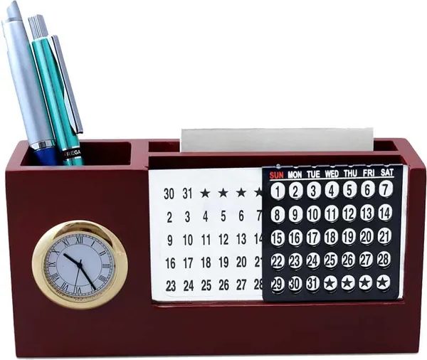 ZAHEPA_Wooden_Desk_Organizer_with_Perpetual_Calendar_&_Clock,_Pen_Stand,_Mobile_Stand,_and_Visiting_Card_Holder_for_Office_Table_&_Home_Use_(Brown)