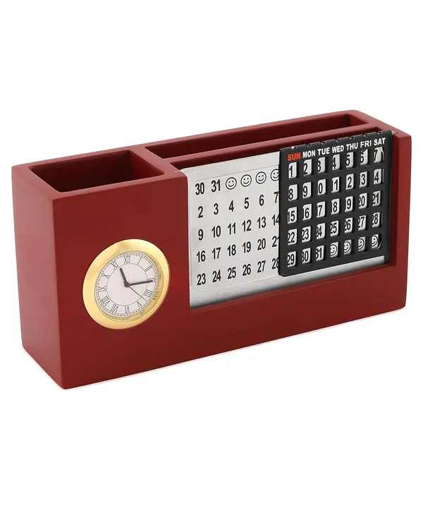 ZAHEPA_Wooden_Desk_Organizer_with_Perpetual_Calendar_&_Clock,_Pen_Stand,_Mobile_Stand,_and_Visiting_Card_Holder_for_Office_Table_&_Home_Use_(Brown)