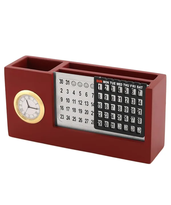 ZAHEPA_Wooden_Desk_Organizer_with_Perpetual_Calendar_&_Clock,_Pen_Stand,_Mobile_Stand,_and_Visiting_Card_Holder_for_Office_Table_&_Home_Use_(Brown)