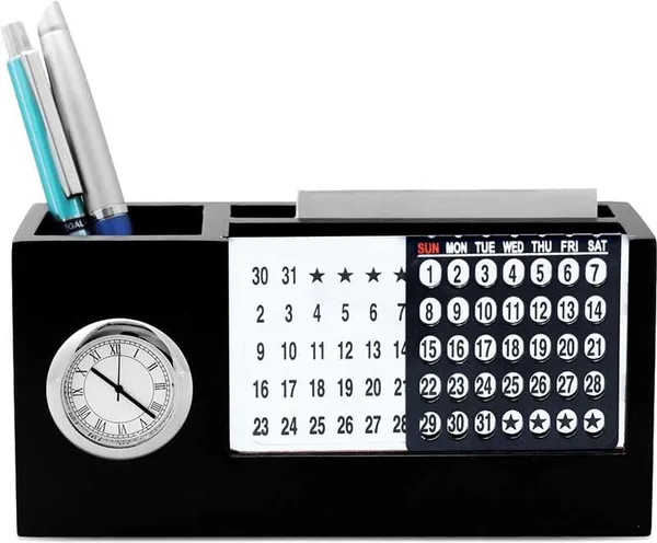 ZAHEPA_Wooden_Desk_Organizer_with_Perpetual_Calendar_&_Clock,_Pen_Stand,_Mobile_Stand,_and_Visiting_Card_Holder_for_Office_Table_&_Home_Use_(Black)