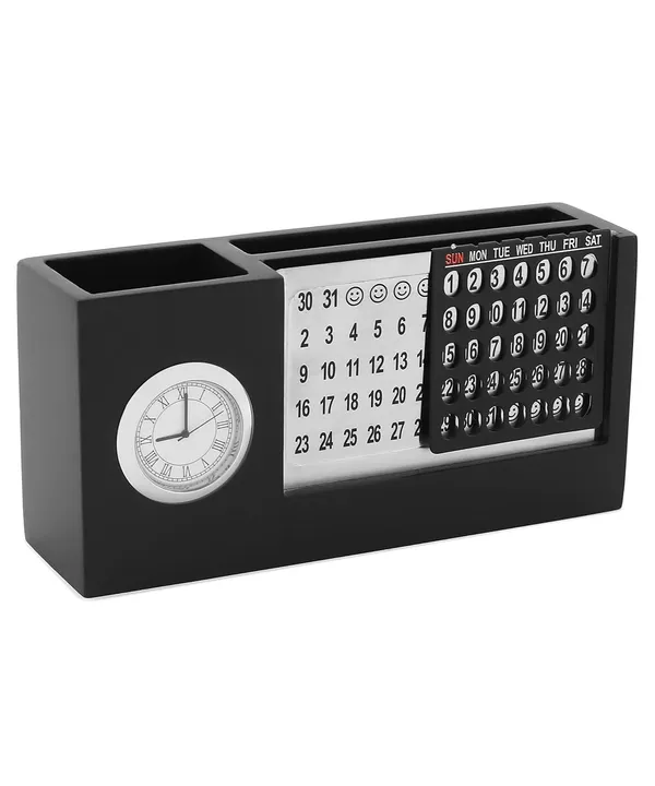 ZAHEPA_Wooden_Desk_Organizer_with_Perpetual_Calendar_&_Clock,_Pen_Stand,_Mobile_Stand,_and_Visiting_Card_Holder_for_Office_Table_&_Home_Use_(Black)