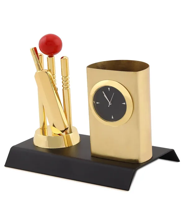 ZAHEPA_Cricket_Kit_Metal_Pen_Stand_with_Analog_Table_Clock,_Desktop_Organizer_Pencil_Holder,_Decorative_Showpiece_for_Office_Desk_Decor,_Compact_Durable_Accessory,_Corporate_Gift_for_Men