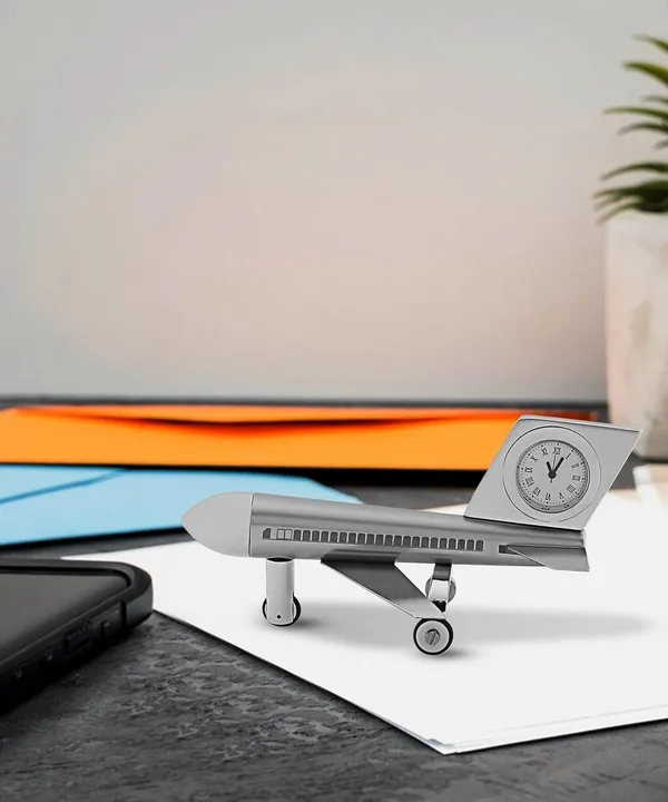 ZAHEPA_Metal_Aeroplane_Miniature_Table_Clock,_Analog_Aircraft_Model_Desk_Timepiece,_Polished_Steel_Decorative_Showpiece_for_Office_Desktop_Decor,_Corporate_Gift_for_Men_&_Professionals_(Silver)
