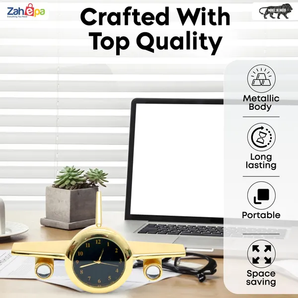 ZAHEPA_Metal_Aeroplane_Miniature_Analog_Table_Clock_|_Retro_Aircraft_Model_Desk_Watch_for_Office_&_Study_Table_|_Stylish_Home_Decor_Gift_for_Living_Room_|_Corporate_Gifting_Idea_(Golden)