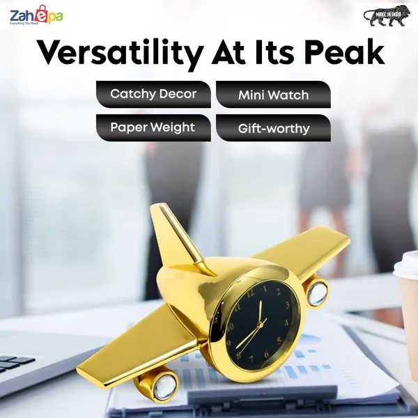 ZAHEPA_Metal_Aeroplane_Miniature_Analog_Table_Clock_|_Retro_Aircraft_Model_Desk_Watch_for_Office_&_Study_Table_|_Stylish_Home_Decor_Gift_for_Living_Room_|_Corporate_Gifting_Idea_(Golden)