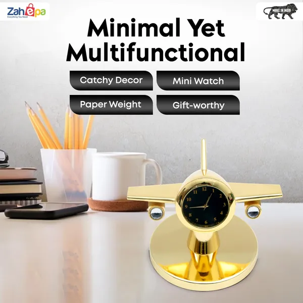 ZAHEPA_360_Rotating_Metal_Aeroplane_Miniature_Analog_Table_Clock_|_Retro_Aircraft_Model_Desk_Watch_for_Office_&_Study_Table_|_Stylish_Home_Decor_Gift_for_Living_Room_|_Corporate_Gifting_Idea_(Golden)
