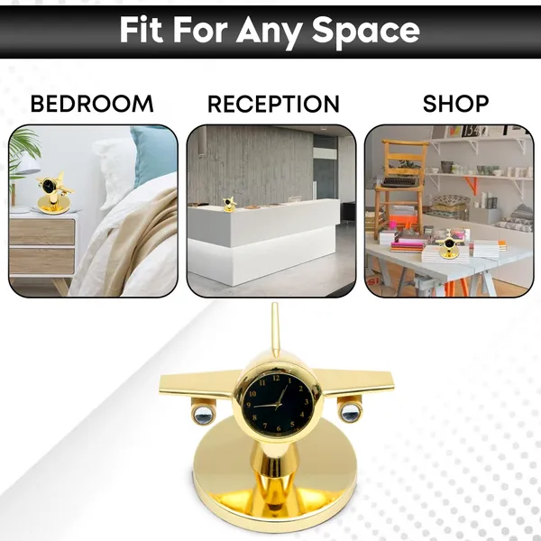 ZAHEPA_360_Rotating_Metal_Aeroplane_Miniature_Analog_Table_Clock_|_Retro_Aircraft_Model_Desk_Watch_for_Office_&_Study_Table_|_Stylish_Home_Decor_Gift_for_Living_Room_|_Corporate_Gifting_Idea_(Golden)