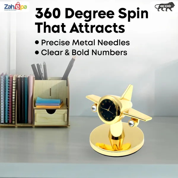 ZAHEPA_360_Rotating_Metal_Aeroplane_Miniature_Analog_Table_Clock_|_Retro_Aircraft_Model_Desk_Watch_for_Office_&_Study_Table_|_Stylish_Home_Decor_Gift_for_Living_Room_|_Corporate_Gifting_Idea_(Golden)