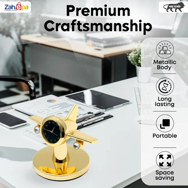 ZAHEPA_360_Rotating_Metal_Aeroplane_Miniature_Analog_Table_Clock_|_Retro_Aircraft_Model_Desk_Watch_for_Office_&_Study_Table_|_Stylish_Home_Decor_Gift_for_Living_Room_|_Corporate_Gifting_Idea_(Golden)