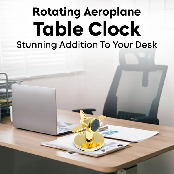 ZAHEPA_360_Rotating_Metal_Aeroplane_Miniature_Analog_Table_Clock_|_Retro_Aircraft_Model_Desk_Watch_for_Office_&_Study_Table_|_Stylish_Home_Decor_Gift_for_Living_Room_|_Corporate_Gifting_Idea_(Golden)