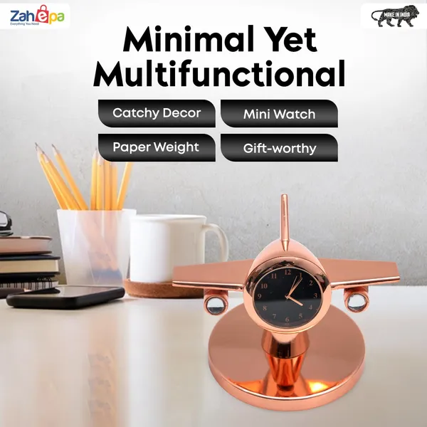 ZAHEPA_360_Rotating_Metal_Aeroplane_Miniature_Analog_Table_Clock_|_Retro_Aircraft_Model_Desk_Watch_for_Office_&_Study_Table_|_Stylish_Home_Decor_Gift_for_Living_Room_|_Corporate_Gifting_Idea_(Copper)