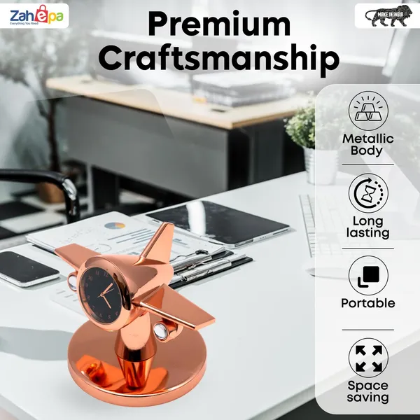 ZAHEPA_360_Rotating_Metal_Aeroplane_Miniature_Analog_Table_Clock_|_Retro_Aircraft_Model_Desk_Watch_for_Office_&_Study_Table_|_Stylish_Home_Decor_Gift_for_Living_Room_|_Corporate_Gifting_Idea_(Copper)