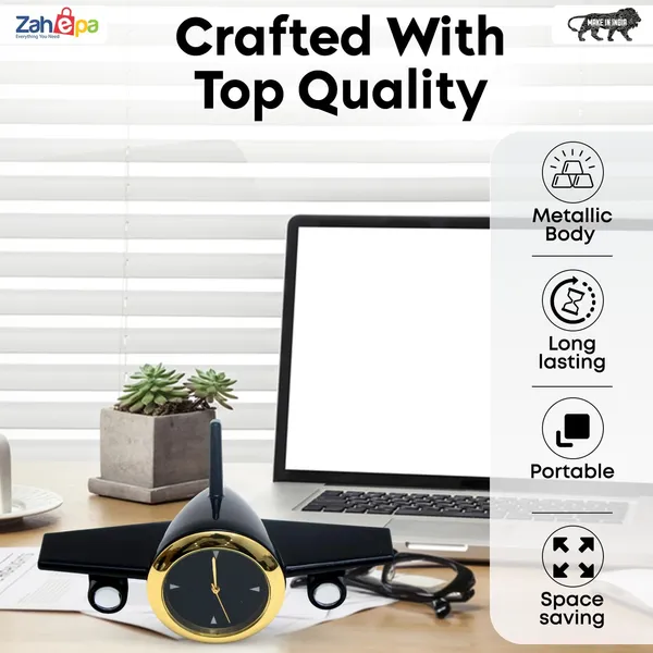 ZAHEPA_Metal_Aeroplane_Miniature_Analog_Table_Clock_|_Retro_Aircraft_Model_Desk_Watch_for_Office_&_Study_Table_|_Stylish_Home_Decor_Gift_for_Living_Room_|_Corporate_Gifting_Idea_(Black)