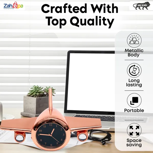 ZAHEPA_Metal_Aeroplane_Miniature_Analog_Table_Clock_|_Retro_Aircraft_Model_Desk_Watch_for_Office_&_Study_Table_|_Stylish_Home_Decor_Gift_for_Living_Room_|_Corporate_Gifting_Idea_(Copper)