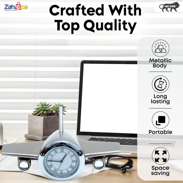 ZAHEPA_Metal_Aeroplane_Miniature_Analog_Table_Clock_|_Retro_Aircraft_Model_Desk_Watch_for_Office_&_Study_Table_|_Stylish_Home_Decor_Gift_for_Living_Room_|_Corporate_Gifting_Idea_(Silver)