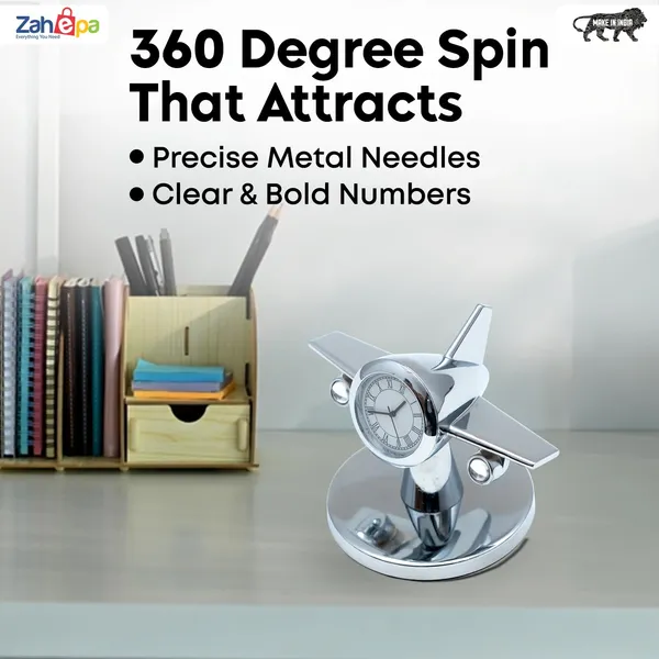 ZAHEPA_360_Rotating_Metal_Aeroplane_Miniature_Analog_Table_Clock_|_Vintage_Aircraft_Model_Desk_Watch_for_Office_&_Study_Table_|_Stylish_Decor_Gift_for_Living_Room_|_Corporate_Gifting_Idea_(Silver)