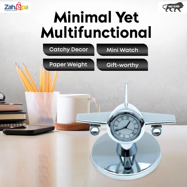 ZAHEPA_360_Rotating_Metal_Aeroplane_Miniature_Analog_Table_Clock_|_Vintage_Aircraft_Model_Desk_Watch_for_Office_&_Study_Table_|_Stylish_Decor_Gift_for_Living_Room_|_Corporate_Gifting_Idea_(Silver)