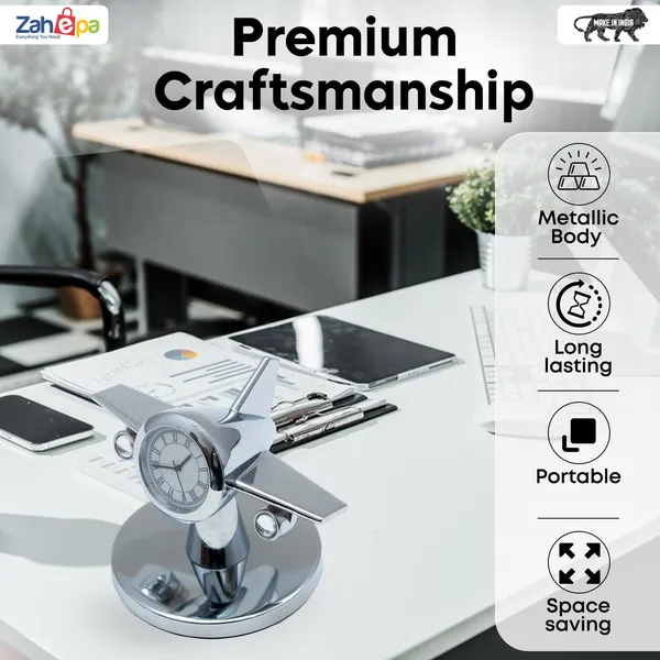 ZAHEPA_360_Rotating_Metal_Aeroplane_Miniature_Analog_Table_Clock_|_Vintage_Aircraft_Model_Desk_Watch_for_Office_&_Study_Table_|_Stylish_Decor_Gift_for_Living_Room_|_Corporate_Gifting_Idea_(Silver)
