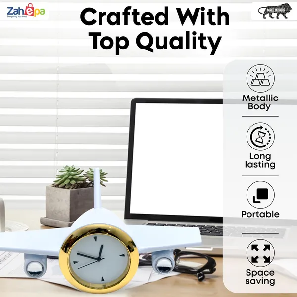 ZAHEPA_Metal_Aeroplane_Miniature_Analog_Table_Clock_|_Retro_Aircraft_Model_Desk_Watch_for_Office_&_Study_Table_|_Stylish_Home_Decor_Gift_for_Living_Room_|_Corporate_Gifting_Idea_(White)