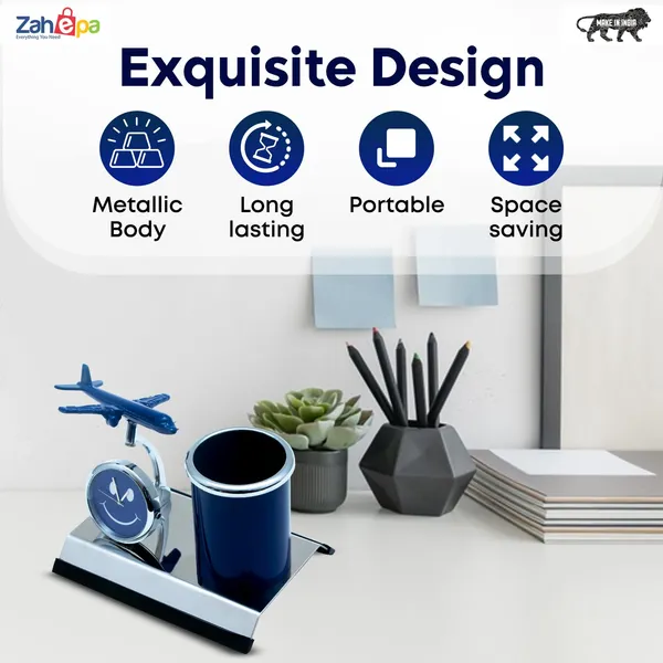 ZAHEPA_Aeroplane_Miniature_Metal_Pen_Stand_with_Analog_Table_Clock,_Desktop_Organizer_Pencil_Holder,_Stylish_Desk_Accessory_for_Office_Table_Decor,_Storage_Box,_Corporate_Gift_for_Men_(Blue)