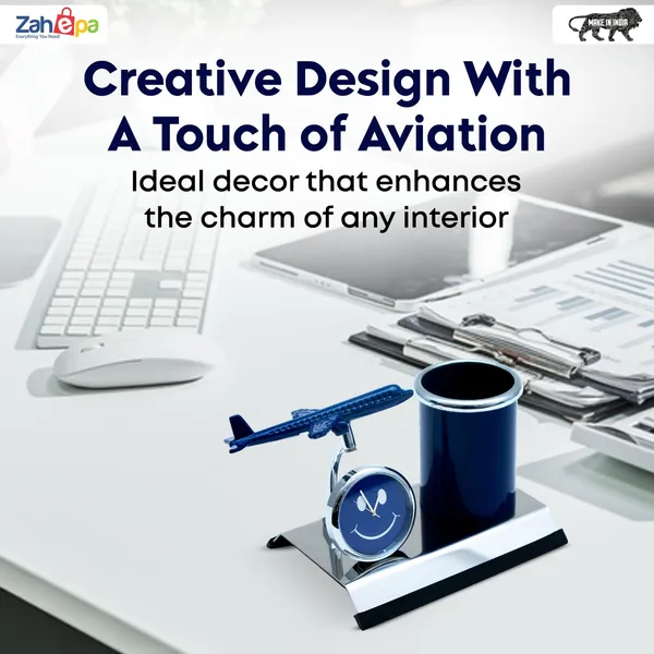 ZAHEPA_Aeroplane_Miniature_Metal_Pen_Stand_with_Analog_Table_Clock,_Desktop_Organizer_Pencil_Holder,_Stylish_Desk_Accessory_for_Office_Table_Decor,_Storage_Box,_Corporate_Gift_for_Men_(Blue)