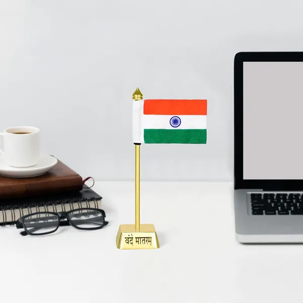 ZAHEPA_Mini_Indian_Flag_for_Office_Desk_&_Car_Dashboard_|_13.5_cm_Table_Flag_with_6_x_4_cm_Premium_Fabric_National_Flag,_Gold_Plated_Metal_"Vande_Mataram"_Stand_|_Home,_School_&_Corporate_Desk_Decoration