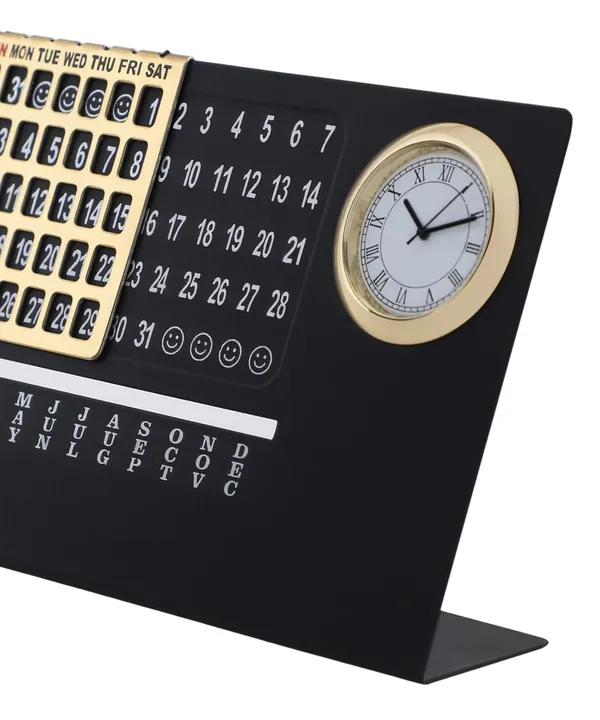 ZAHEPA_Metal_Perpetual_Desk_Calendar_with_Table_Clock,_Reusable_Desktop_Calendar_for_Office_Decor_&_Home_Accessory,_Stylish_Gift_for_Professionals,_Students_&_Corporate_New_Year_Gifting_(Black-Gold)