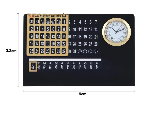 ZAHEPA_Metal_Perpetual_Desk_Calendar_with_Table_Clock,_Reusable_Desktop_Calendar_for_Office_Decor_&_Home_Accessory,_Stylish_Gift_for_Professionals,_Students_&_Corporate_New_Year_Gifting_(Black-Gold)