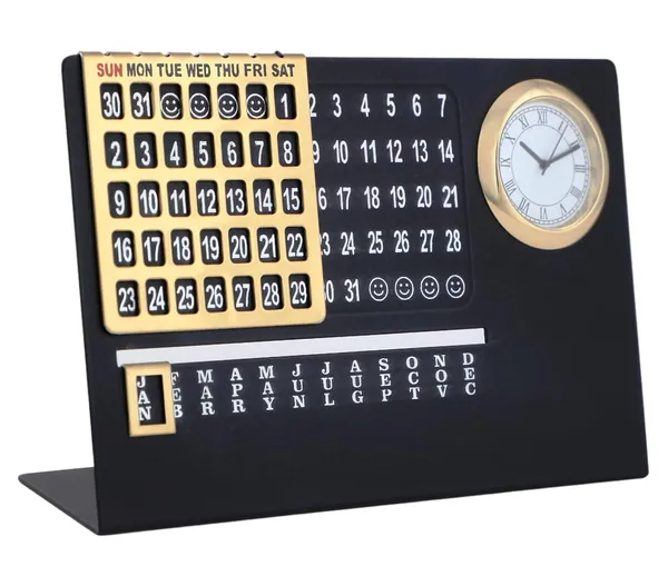ZAHEPA_Metal_Perpetual_Desk_Calendar_with_Table_Clock,_Reusable_Desktop_Calendar_for_Office_Decor_&_Home_Accessory,_Stylish_Gift_for_Professionals,_Students_&_Corporate_New_Year_Gifting_(Black-Gold)