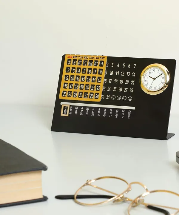 ZAHEPA_Metal_Perpetual_Desk_Calendar_with_Table_Clock,_Reusable_Desktop_Calendar_for_Office_Decor_&_Home_Accessory,_Stylish_Gift_for_Professionals,_Students_&_Corporate_New_Year_Gifting_(Black-Gold)
