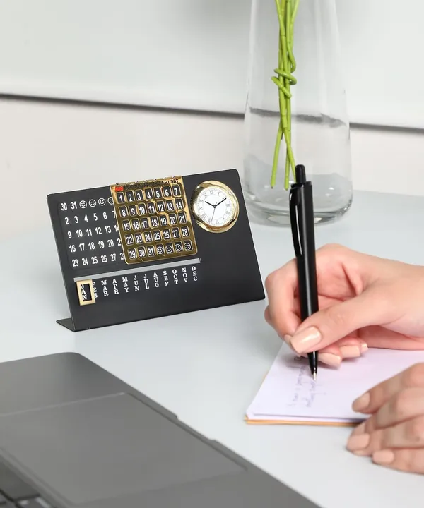 ZAHEPA_Metal_Perpetual_Desk_Calendar_with_Table_Clock,_Reusable_Desktop_Calendar_for_Office_Decor_&_Home_Accessory,_Stylish_Gift_for_Professionals,_Students_&_Corporate_New_Year_Gifting_(Black-Gold)
