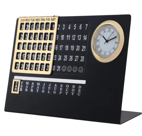 ZAHEPA_Metal_Perpetual_Desk_Calendar_with_Table_Clock,_Reusable_Desktop_Calendar_for_Office_Decor_&_Home_Accessory,_Stylish_Gift_for_Professionals,_Students_&_Corporate_New_Year_Gifting_(Black-Gold)