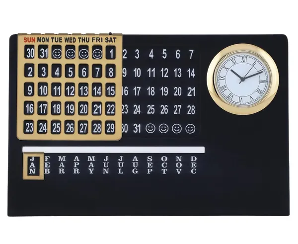 ZAHEPA_Metal_Perpetual_Desk_Calendar_with_Table_Clock,_Reusable_Desktop_Calendar_for_Office_Decor_&_Home_Accessory,_Stylish_Gift_for_Professionals,_Students_&_Corporate_New_Year_Gifting_(Black-Gold)