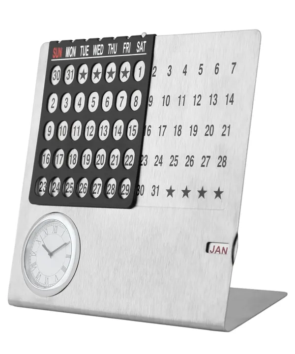 ZAHEPA_Stainless_Steel_Perpetual_Desk_Calendar_with_Table_Clock,_Reusable_Desktop_Calendar_for_Office_&_Home_Decor,_Stylish_Gift_for_Professionals,_Students_&_Corporate_New_Year_Gifting_(Silver-Black)