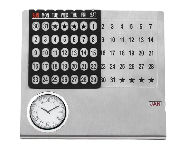 ZAHEPA_Stainless_Steel_Perpetual_Desk_Calendar_with_Table_Clock,_Reusable_Desktop_Calendar_for_Office_&_Home_Decor,_Stylish_Gift_for_Professionals,_Students_&_Corporate_New_Year_Gifting_(Silver-Black)