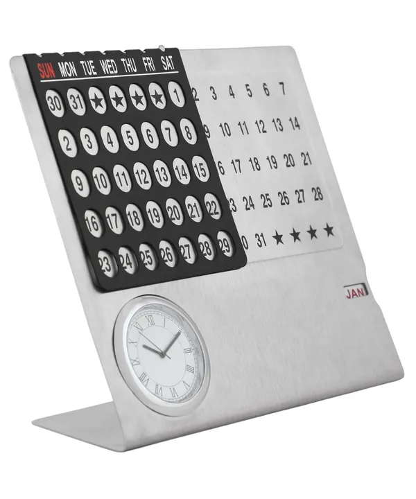 ZAHEPA_Stainless_Steel_Perpetual_Desk_Calendar_with_Table_Clock,_Reusable_Desktop_Calendar_for_Office_&_Home_Decor,_Stylish_Gift_for_Professionals,_Students_&_Corporate_New_Year_Gifting_(Silver-Black)