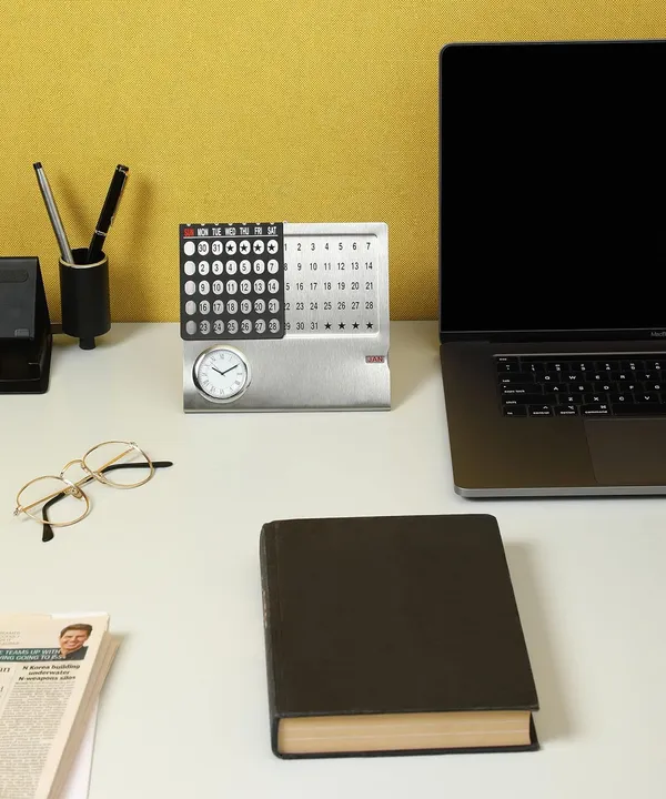 ZAHEPA_Stainless_Steel_Perpetual_Desk_Calendar_with_Table_Clock,_Reusable_Desktop_Calendar_for_Office_&_Home_Decor,_Stylish_Gift_for_Professionals,_Students_&_Corporate_New_Year_Gifting_(Silver-Black)