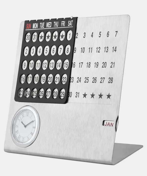 ZAHEPA_Stainless_Steel_Perpetual_Desk_Calendar_with_Table_Clock,_Reusable_Desktop_Calendar_for_Office_&_Home_Decor,_Stylish_Gift_for_Professionals,_Students_&_Corporate_New_Year_Gifting_(Silver-Black)