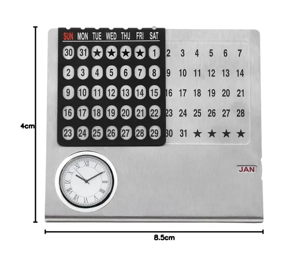 ZAHEPA_Stainless_Steel_Perpetual_Desk_Calendar_with_Table_Clock,_Reusable_Desktop_Calendar_for_Office_&_Home_Decor,_Stylish_Gift_for_Professionals,_Students_&_Corporate_New_Year_Gifting_(Silver-Black)