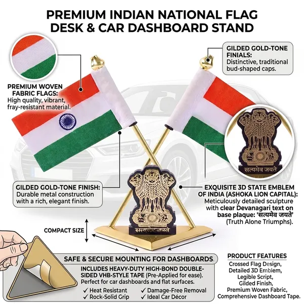 ZAHEPA_Double_Indian_Flag_for_Car_Dashboard_|_Khadi_Fabric_Desk_Flag_with_Gold_Plated_Metal_Cross_Stand,_Ashoka_Emblem_&_Dual_Side_Adhesive_|_Table_Decoration_for_Office_Desk,_Home,_Car,_Corporate_Cabin_|_Independence_Day_Gift
