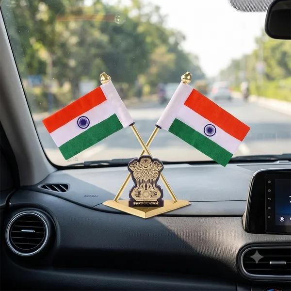 ZAHEPA_Double_Indian_Flag_for_Car_Dashboard_|_Khadi_Fabric_Desk_Flag_with_Gold_Plated_Metal_Cross_Stand,_Ashoka_Emblem_&_Dual_Side_Adhesive_|_Table_Decoration_for_Office_Desk,_Home,_Car,_Corporate_Cabin_|_Independence_Day_Gift