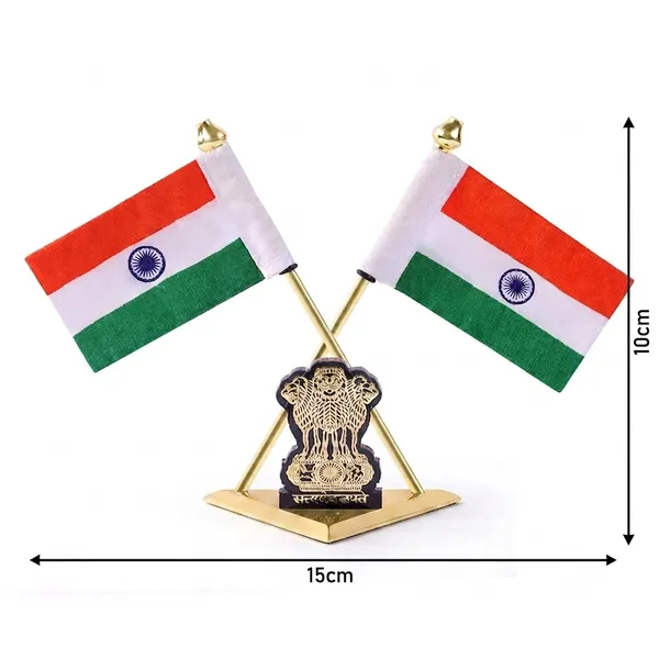 ZAHEPA_Double_Indian_Flag_for_Car_Dashboard_|_Khadi_Fabric_Desk_Flag_with_Gold_Plated_Metal_Cross_Stand,_Ashoka_Emblem_&_Dual_Side_Adhesive_|_Table_Decoration_for_Office_Desk,_Home,_Car,_Corporate_Cabin_|_Independence_Day_Gift