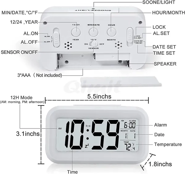ZAHEPA_Digital_Alarm_Clock,_Battery_Operated_LCD_Smart_Night_Light_with_Indoor_Temperature,_Date_&_Snooze._Compact_Electronic_Desk_Table_Watch_for_Home,_Office,_Bedroom,_Living_Room,_Students_(White)