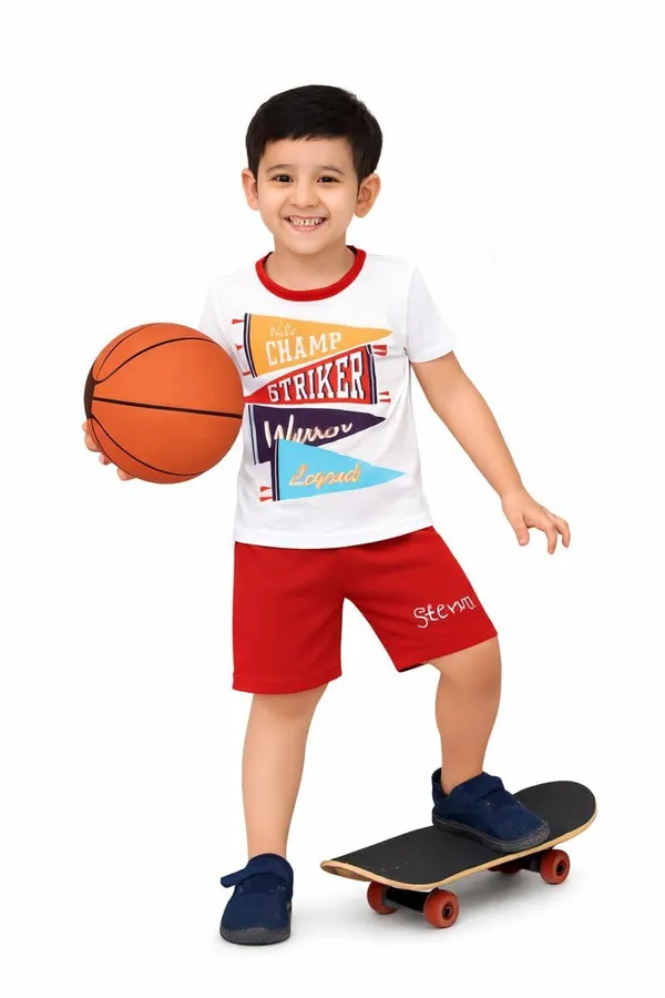 White_And_Red_Cotton_T-Shirt_Shorts_Set_For_Boys