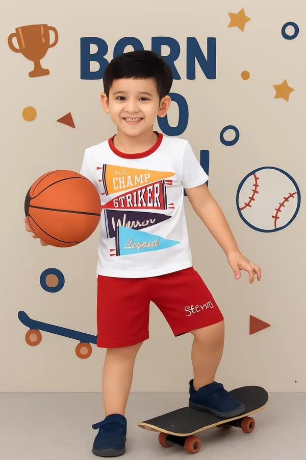 White_And_Red_Cotton_T-Shirt_Shorts_Set_For_Boys