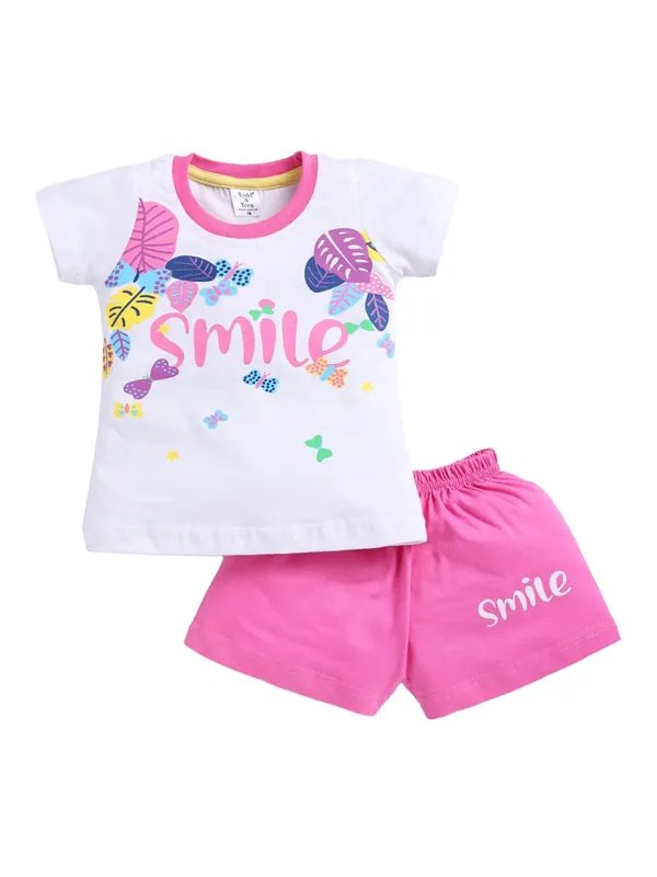 White_And_Pink_Cotton_T-Shirt_Shorts_Set_For_Girls