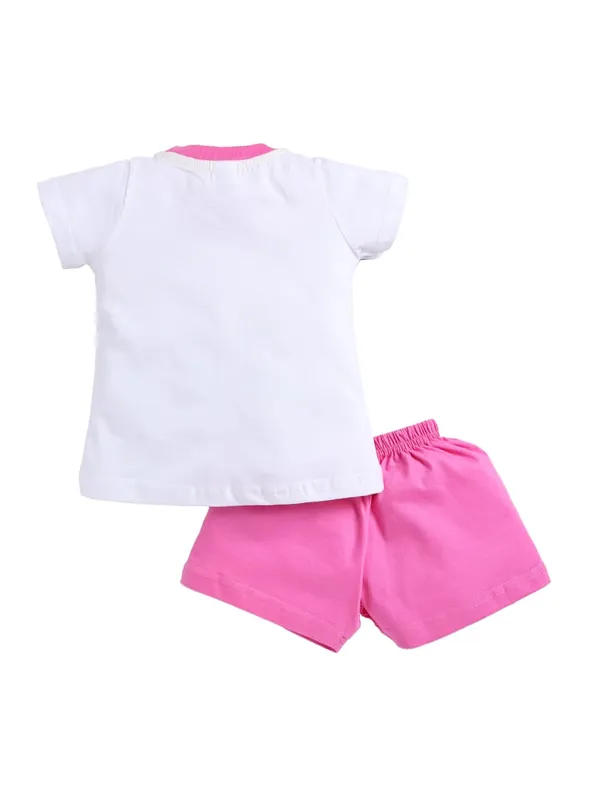White_And_Pink_Cotton_T-Shirt_Shorts_Set_For_Girls