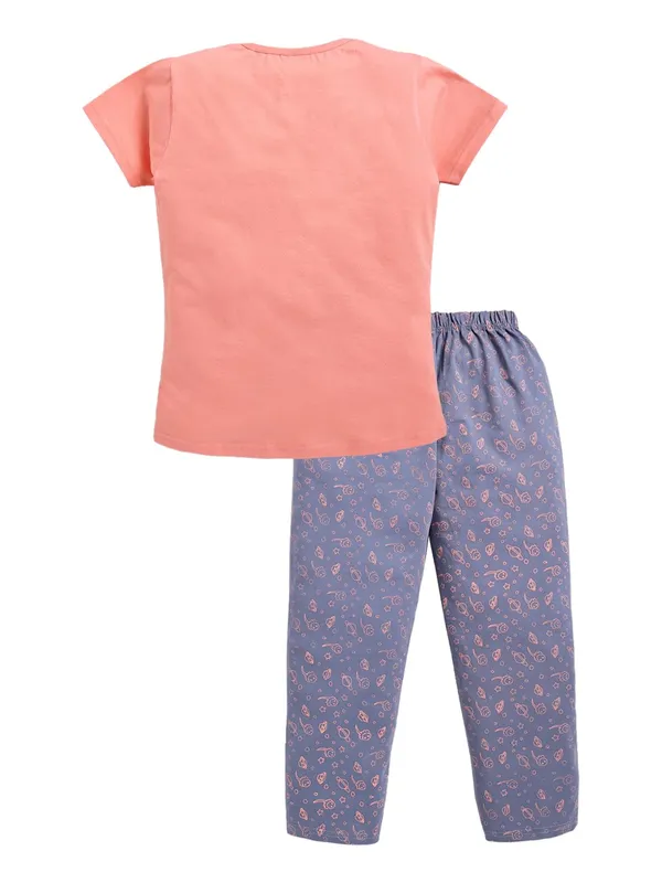 Peach_And_Grey_Cotton_T-Shirt_Pajama_Night_Suit_Set_For_Girls