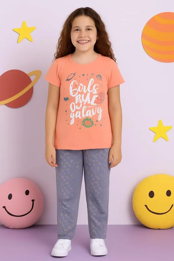 Peach_And_Grey_Cotton_T-Shirt_Pajama_Night_Suit_Set_For_Girls