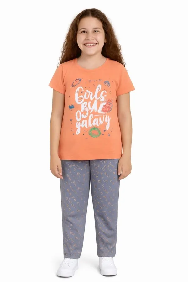 Peach_And_Grey_Cotton_T-Shirt_Pajama_Night_Suit_Set_For_Girls